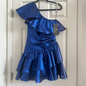 New: Monique Lhuillier Shimmering Metallic Blue Mini Dress